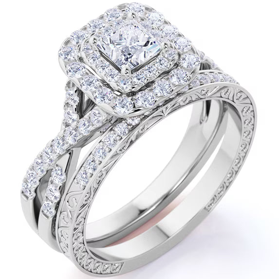 JeenMata 1.25 Carat Square Moissanite Engagement Ring for Women, Double Halo Bridal Wedding Ring Set with Twisted Band in 18K White Gold Plated