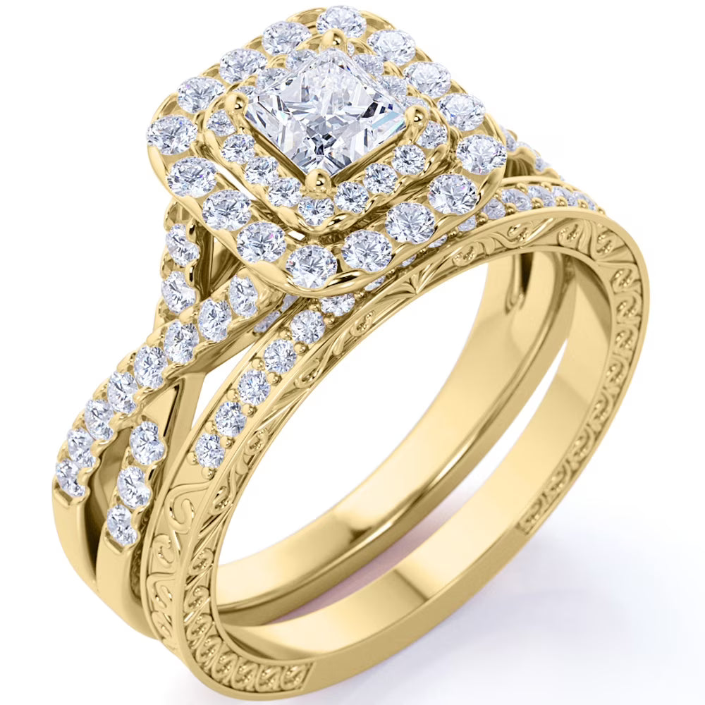 JeenMata 1.25 Carat Square Moissanite Engagement Ring for Women, Double Halo Bridal Wedding Ring Set with Twisted Band in 18K Yellow Gold Plated