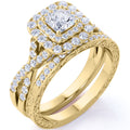 JeenMata 1.25 Carat Square Moissanite Engagement Ring for Women, Double Halo Bridal Wedding Ring Set with Twisted Band in 18K Yellow Gold Plated
