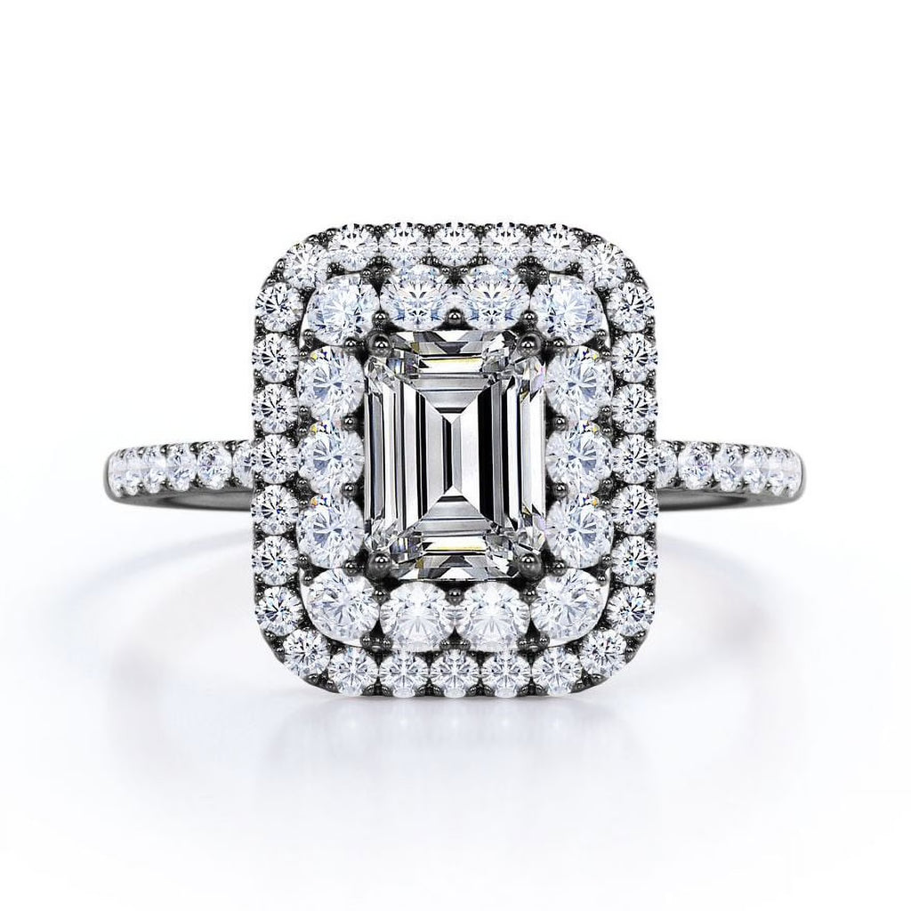 JeenMata 1.5 Carat Emerald Cut Moissanite Engagement Ring - Bridal Ring - Double Halo Ring - Cluster Ring - 18k Black Gold Plating for Women