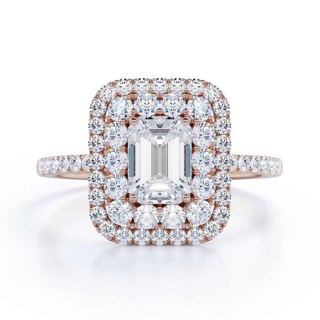 JeenMata 1.5 Carat Emerald Cut Moissanite Engagement Ring - Bridal Ring - Double Halo Ring - Cluster Ring - 18k Rose Gold Plating for Women
