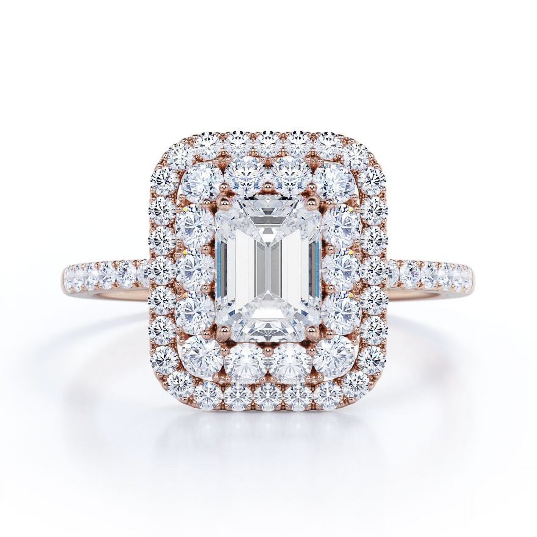 JeenMata 1.5 Carat Emerald Cut Moissanite Engagement Ring - Bridal Ring - Double Halo Ring - Cluster Ring - 18k Rose Gold Plating for Women
