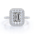 JeenMata 1.5 Carat Emerald Cut Moissanite Engagement Ring - Bridal Ring - Double Halo Ring - Cluster Ring - 18k White Gold Plating for Women