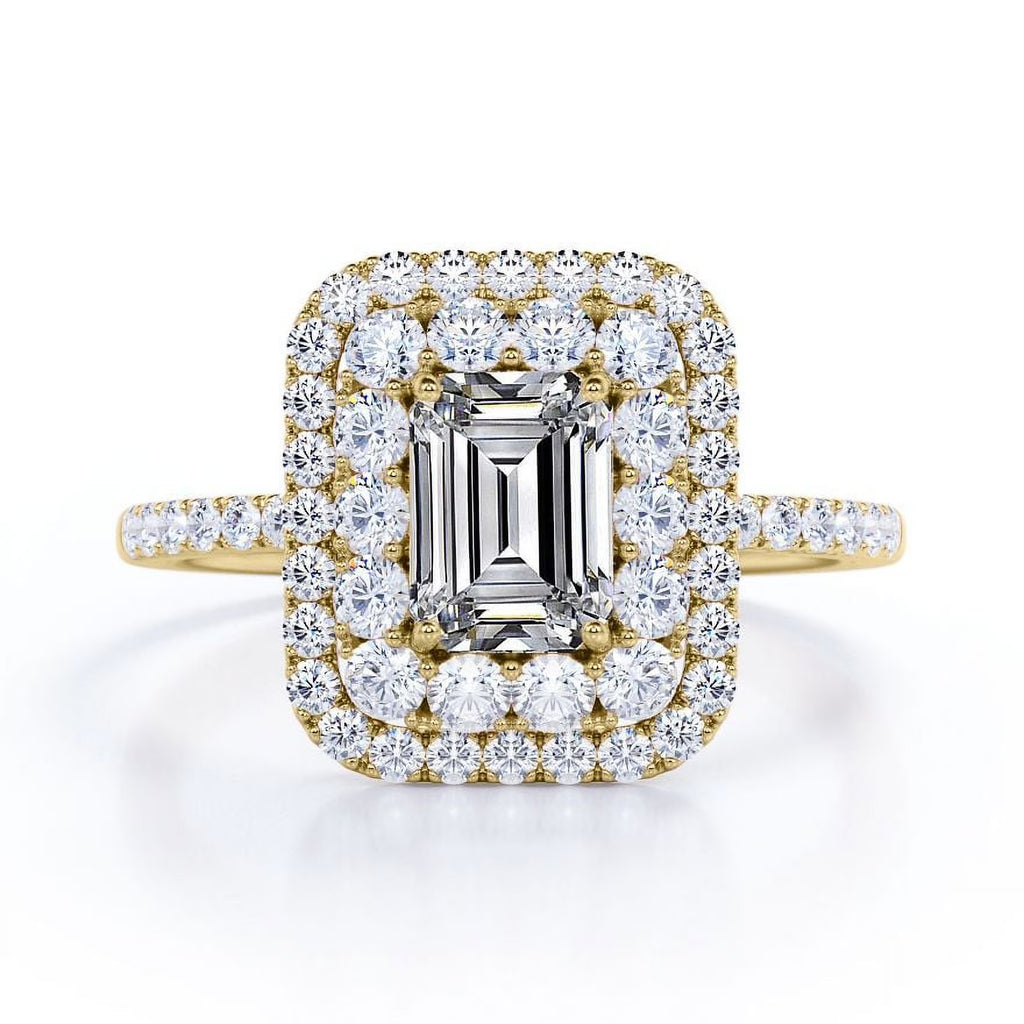 JeenMata 1.5 Carat Emerald Cut Moissanite Engagement Ring - Bridal Ring - Double Halo Ring - Cluster Ring - 18k Yellow Gold Plating for Women