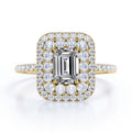 JeenMata 1.5 Carat Emerald Cut Moissanite Engagement Ring - Bridal Ring - Double Halo Ring - Cluster Ring - 18k Yellow Gold Plating for Women