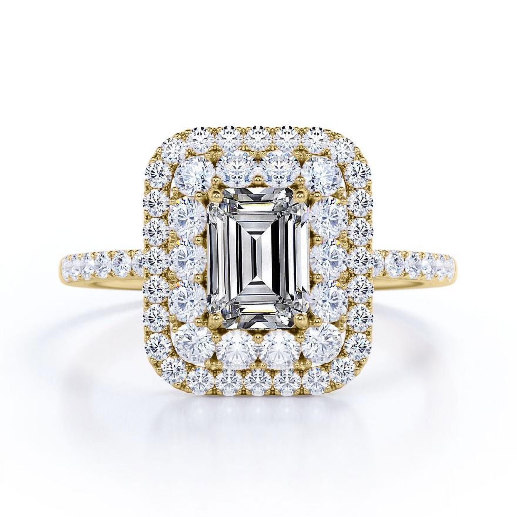 JeenMata 1.5 Carat Emerald Cut Moissanite Engagement Ring - Bridal Ring - Double Halo Ring - Cluster Ring - 18k Yellow Gold Plating for Women