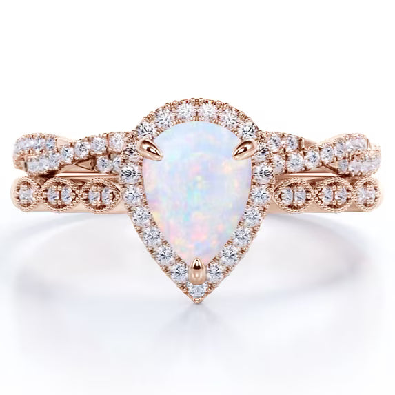 JeenMata 1.5 Carat Pear Cut Lab Created Opal and Moissanite Vintage Engagement Ring - Halo Pave Bridal Set in 18K Rose Gold Plating for Women