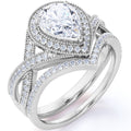 JeenMata 1.5 Carat Pear Cut Moissanite Wedding Set - Bridal Set - Art Deco Ring - Halo Ring - Cluster Ring - 18k White Gold Plated for Women