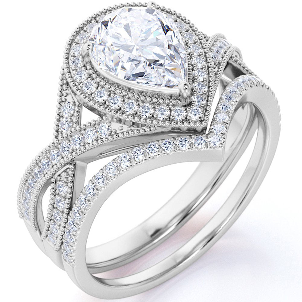JeenMata 1.5 Carat Pear Cut Moissanite Wedding Set - Bridal Set - Art Deco Ring - Halo Ring - Cluster Ring - 18k White Gold Plated for Women