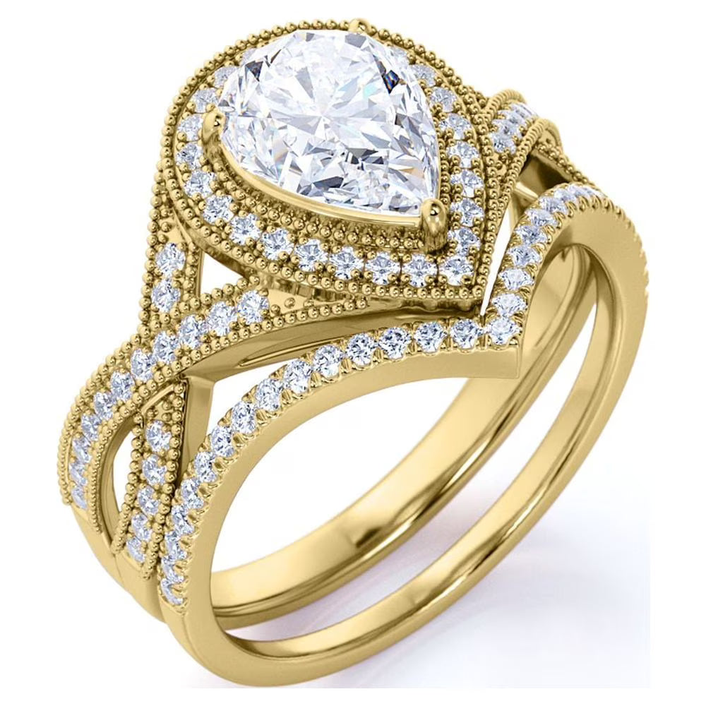 JeenMata 1.5 Carat Pear Cut Moissanite Wedding Set - Bridal Set - Art Deco Ring - Halo Ring - Cluster Ring - 18k Yellow Gold Plated for Women