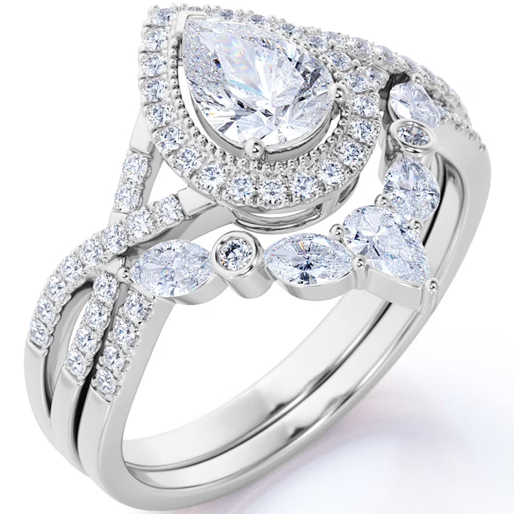 JeenMata 1.75 Carat Pear Cut Moissanite Bohemian Wedding Set - Infinity Engagement Ring with Art Deco Wedding Band in 10k White Gold