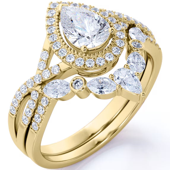 JeenMata 1.75 Carat Pear Cut Moissanite Bohemian Wedding Set - Infinity Engagement Ring with Art Deco Wedding Band in 10k Yellow Gold