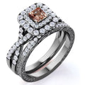 JeenMata 1.25 CT - Princess Cut - Champagne created morganite - Double Halo - Twisted Band - Vintage Inspired - Wedding Ring Set in 18K Black Gold Plating for Women