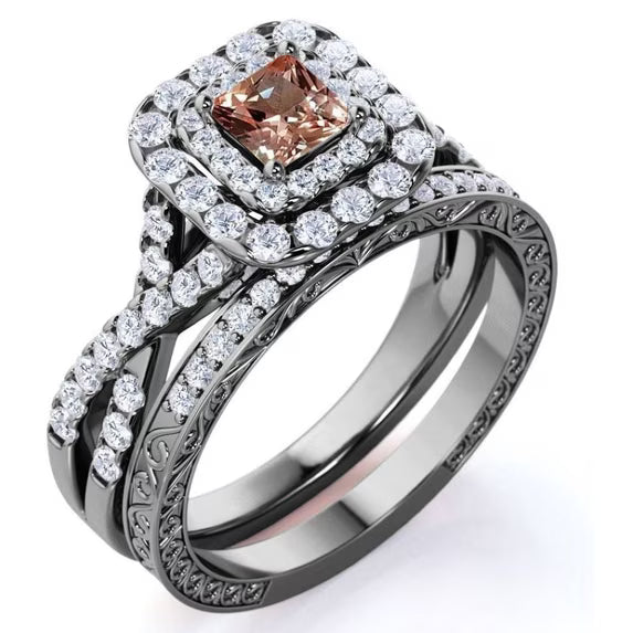 JeenMata 1.25 CT - Princess Cut - Champagne created morganite - Double Halo - Twisted Band - Vintage Inspired - Wedding Ring Set in 18K Black Gold Plating for Women