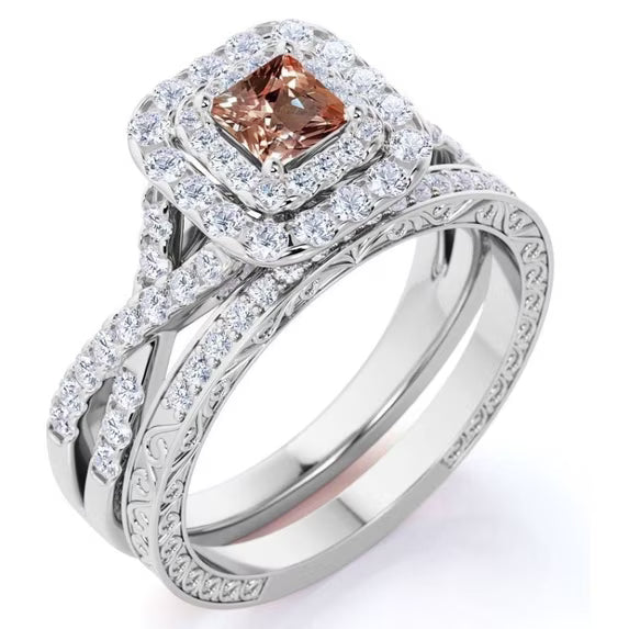 JeenMata 1.25 CT - Princess Cut - Champagne created morganite - Double Halo - Twisted Band - Vintage Inspired - Wedding Ring Set in 18K White Gold Plating for Women