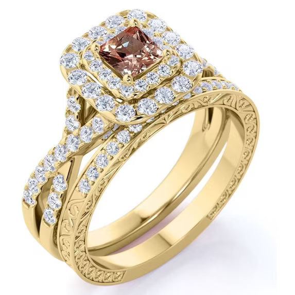 JeenMata 1.25 CT - Princess Cut - Champagne created morganite - Double Halo - Twisted Band - Vintage Inspired - Wedding Ring Set in 18K Yellow Gold Plating for Women