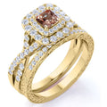JeenMata 1.25 CT - Princess Cut - Champagne created morganite - Double Halo - Twisted Band - Vintage Inspired - Wedding Ring Set in 18K Yellow Gold Plating for Women