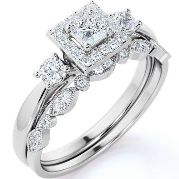 JeenMata 1.5 ct Princess Cut Moissanite - 3 Stone Art Deco - Halo Ring & Scalloped Band - Vintage Wedding Ring Set in 18K White Gold Plating for Women
