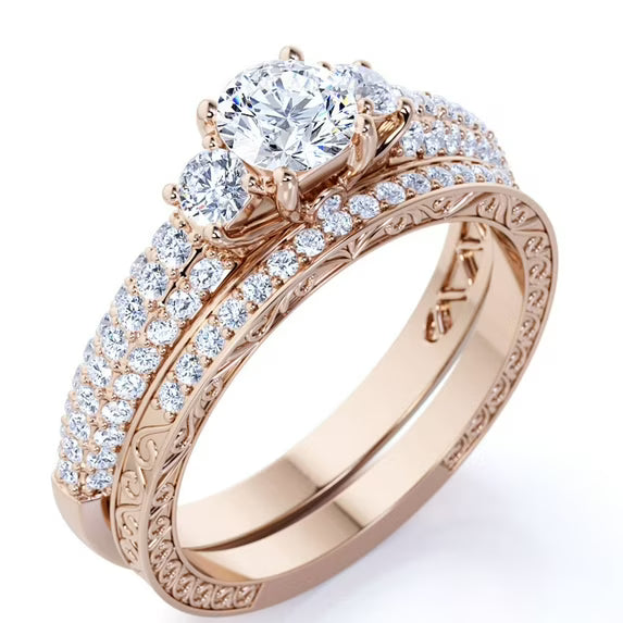 JeenMata 1.75 ct - Round Real 3 Stone Diamond - Past Present Future Ring - Victorian - Vintage Wedding Ring Set - 10K White Gold