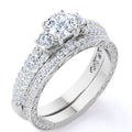 JeenMata 1.75 ct - Round Real 3 Stone Diamond - Past Present Future Ring - Victorian - Vintage Wedding Ring Set - 10K White Gold