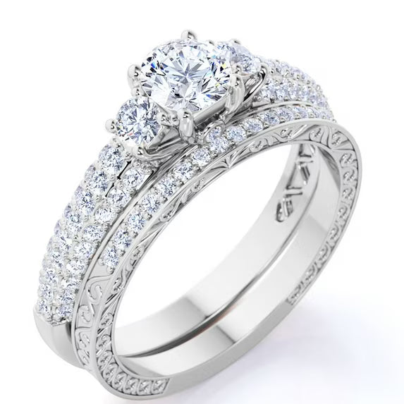 JeenMata 1.75 ct - Round Real 3 Stone Diamond - Past Present Future Ring - Victorian - Vintage Wedding Ring Set - 10K White Gold