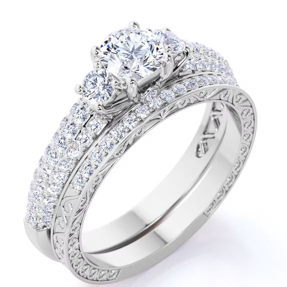 JeenMata 1.75 Carat Round Cut 3 Stone Lab Grown Diamond Bridal Ring Set for Women, Past Present Future Vintage Wedding Ring Set in 10K White Gold