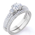 JeenMata 1.75 Carat Round Cut 3 Stone Lab Grown Diamond Bridal Ring Set for Women, Past Present Future Vintage Wedding Ring Set in 10K White Gold