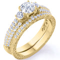 JeenMata 1.75 Carat Round Cut 3 Stone Lab Grown Diamond Bridal Ring Set for Women, Past Present Future Vintage Wedding Ring Set in 10K Yellow Gold