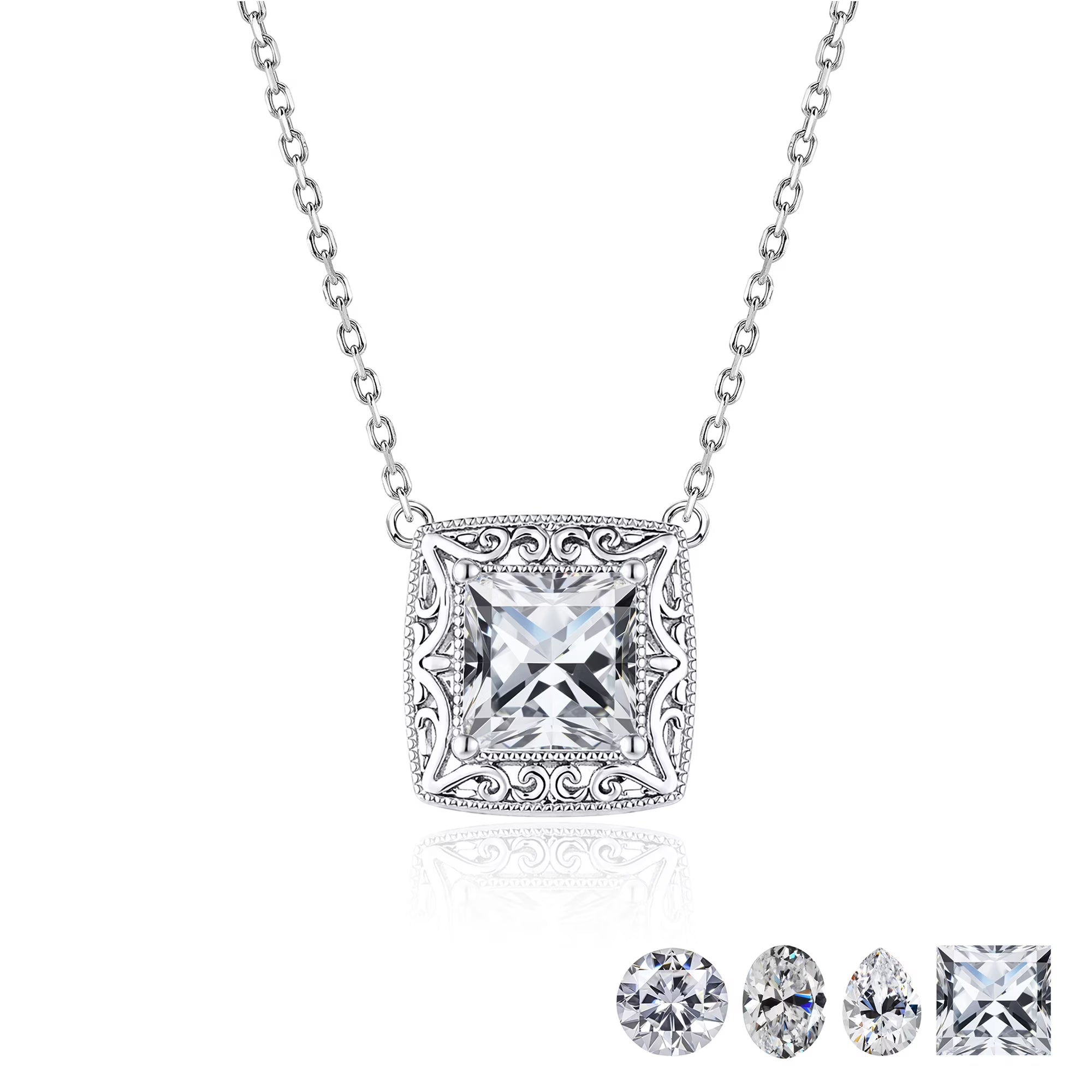 JeenMata 2 Carat Art Deco-Inspired Princess Cut Moissanite Pendant Necklaces- in 18K White Gold Plating Jewelry Necklace for Women