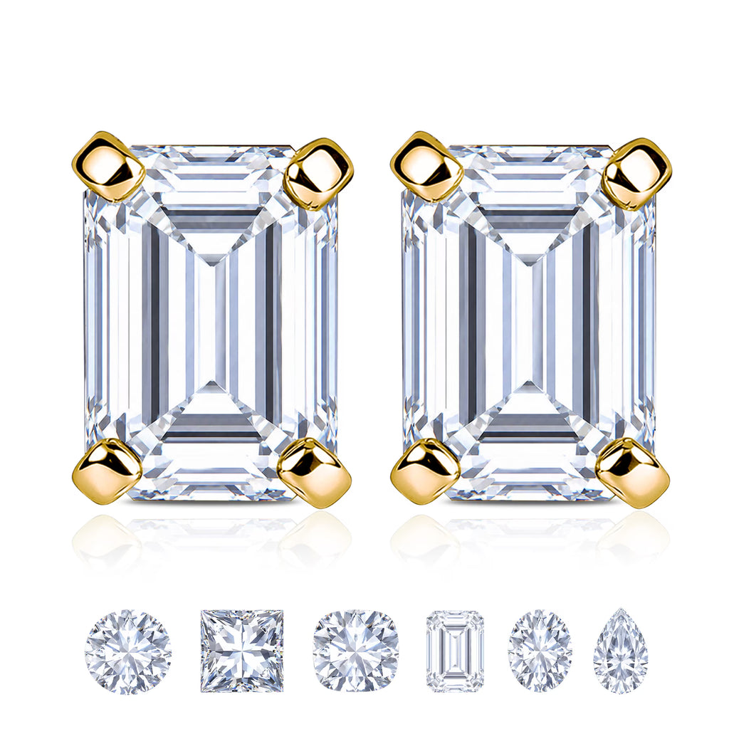 JeenMata 1 Carat Emerald Cut Moissanite - Minimalist Solitaire Stud Earrings in 18k Yellow Gold Plating for Women