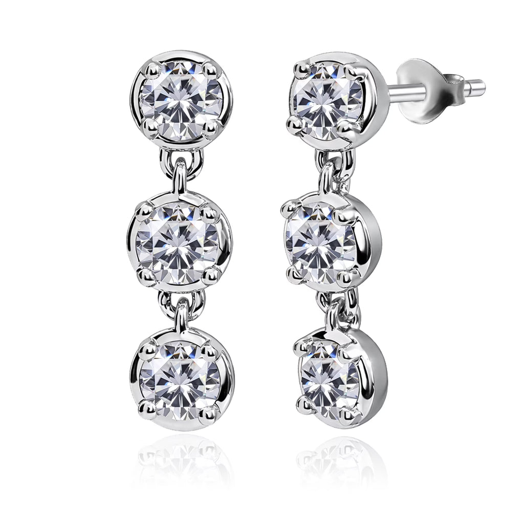 JeenMata 1 Carat Lab Grown Diamond Bezel Drop Earring - Classic Round Cut Three Stones Dangle Earrings in 18K White Gold Plating for Women, Gift for Her