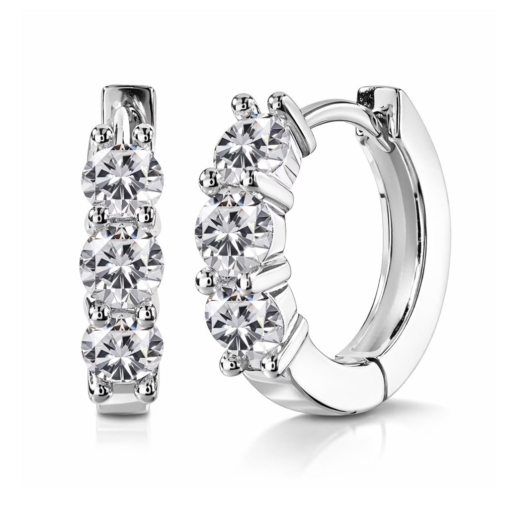 JeenMata 1 Carat Lab Grown Diamond Huggie Hoop Earring - Round Cut Three Stones Huggie Earrings in 18K White Gold Plating for Women, Gift for Her