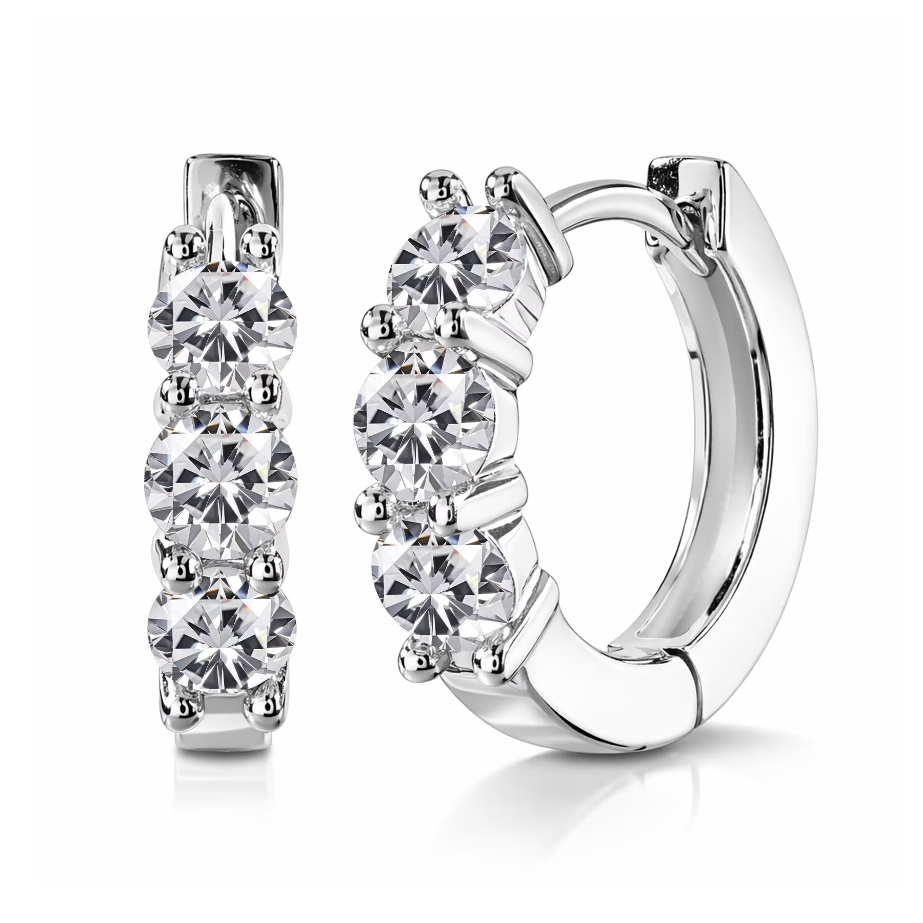 JeenMata 1 Carat Lab Grown Diamond Huggie Hoop Earring - Round Cut Three Stones Huggie Earrings in 18K White Gold Plating for Women, Gift for Her