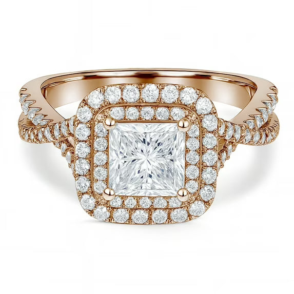 JeenMata 1 Carat Princess Cut Moissanite Engagement Ring - Bridal Set - Double Halo Ring - Cluster Ring - 18k Rose Gold Plated for Women