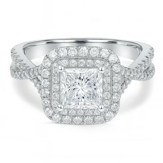 JeenMata 1 Carat Princess Cut Moissanite Engagement Ring - Bridal Set - Double Halo Ring - Cluster Ring - 18k White Gold Plated for Women