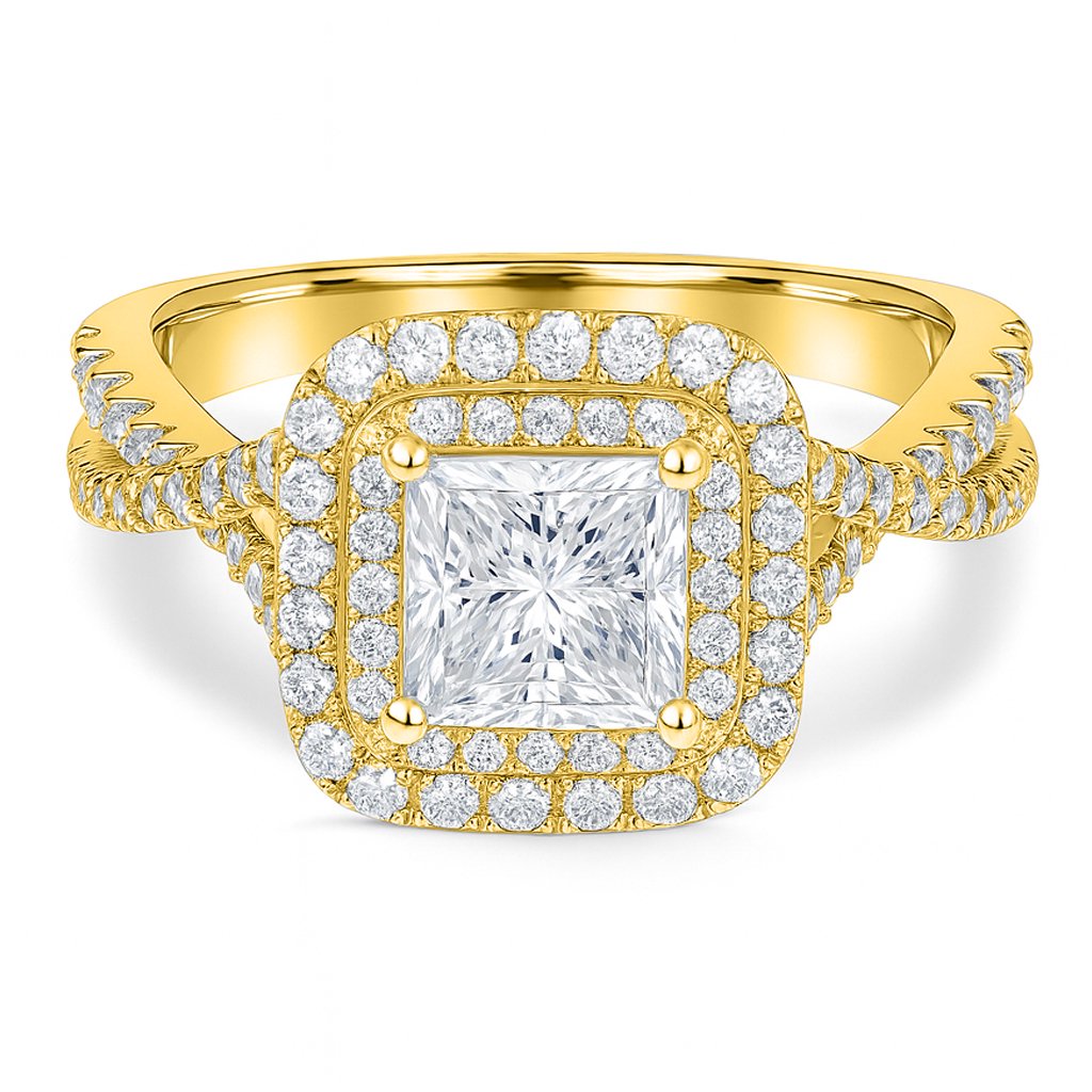 JeenMata 1 Carat Princess Cut Moissanite Engagement Ring - Bridal Set - Double Halo Ring - Cluster Ring - 18k Yellow Gold Plated for Women