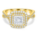 JeenMata 1 Carat Princess Cut Moissanite Engagement Ring - Bridal Set - Double Halo Ring - Cluster Ring - 18k Yellow Gold Plated for Women