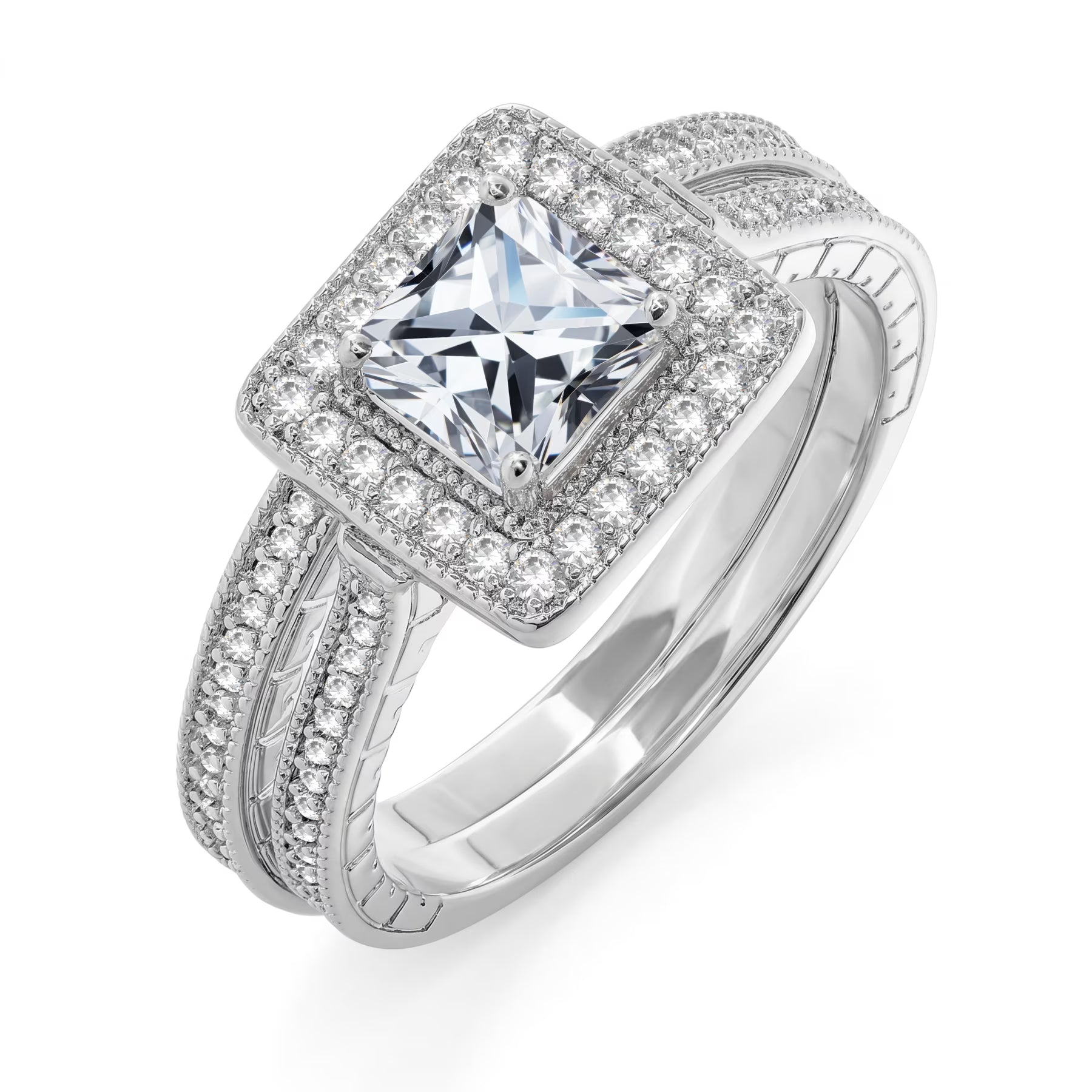 JeenMata 1.5 Carat Princess Cut Moissanite Wedding Set - Bridal Set - Milgrain Ring - Vintage Ring - Halo Ring - 18K White Gold Plating for Women