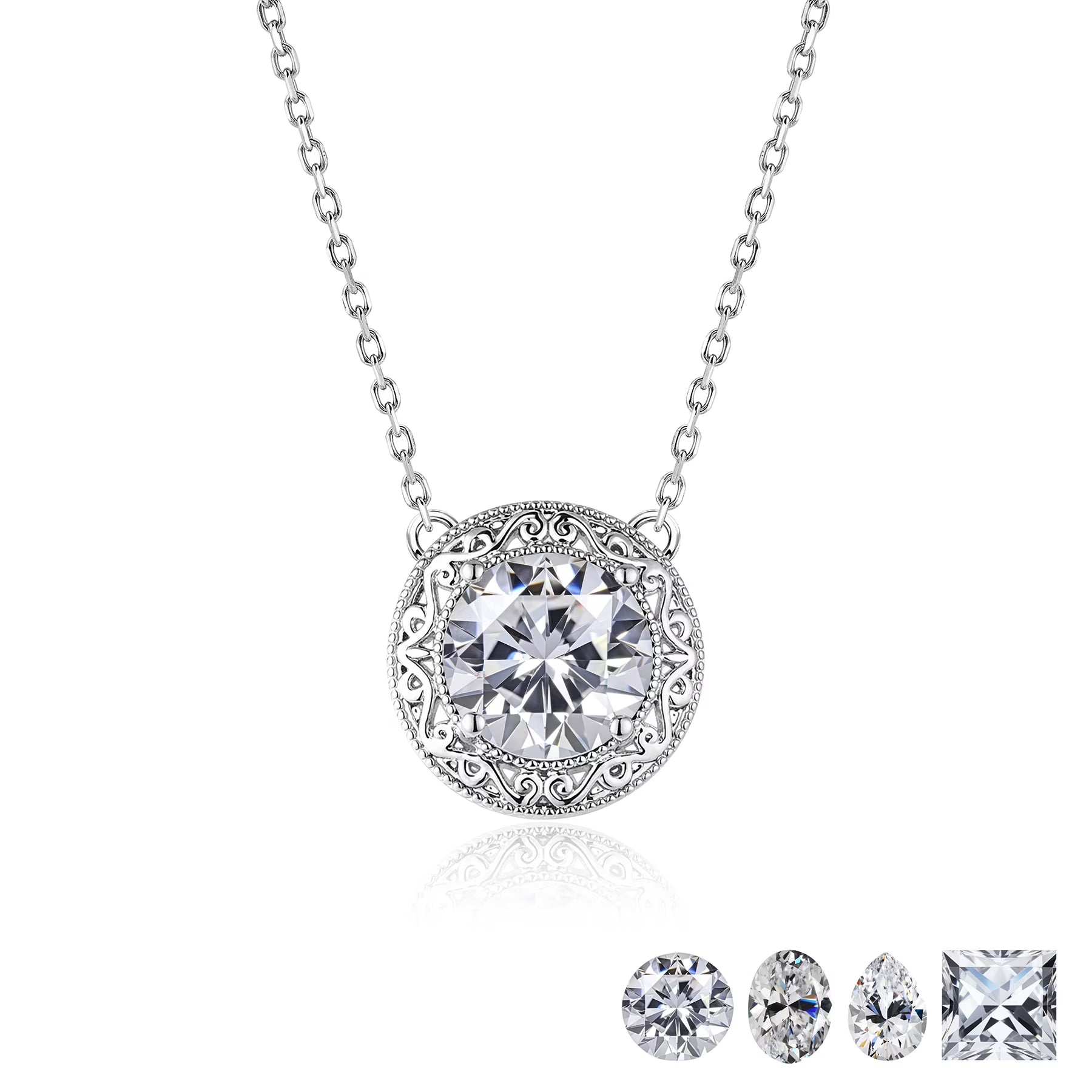 JeenMata 2 Carat Round Moissanite Pendant Necklaces - Vintage Inspired Pendant Necklace in 18K White Gold Plating Jewelry for Women