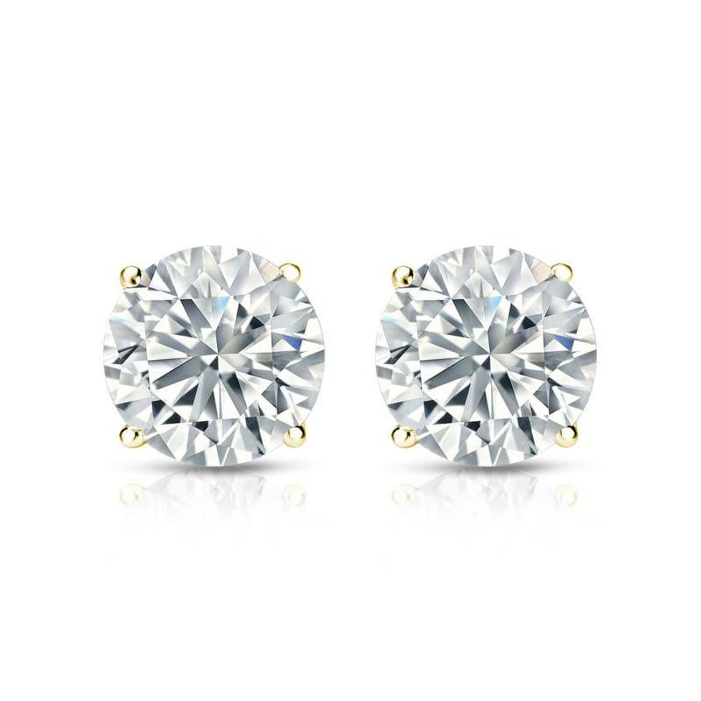 JeenMata 1 Carat Round Shaped Moissanite Solitaire Stud Earrings - 4 Prong - In 18K Yellow Gold Plating Over Silver