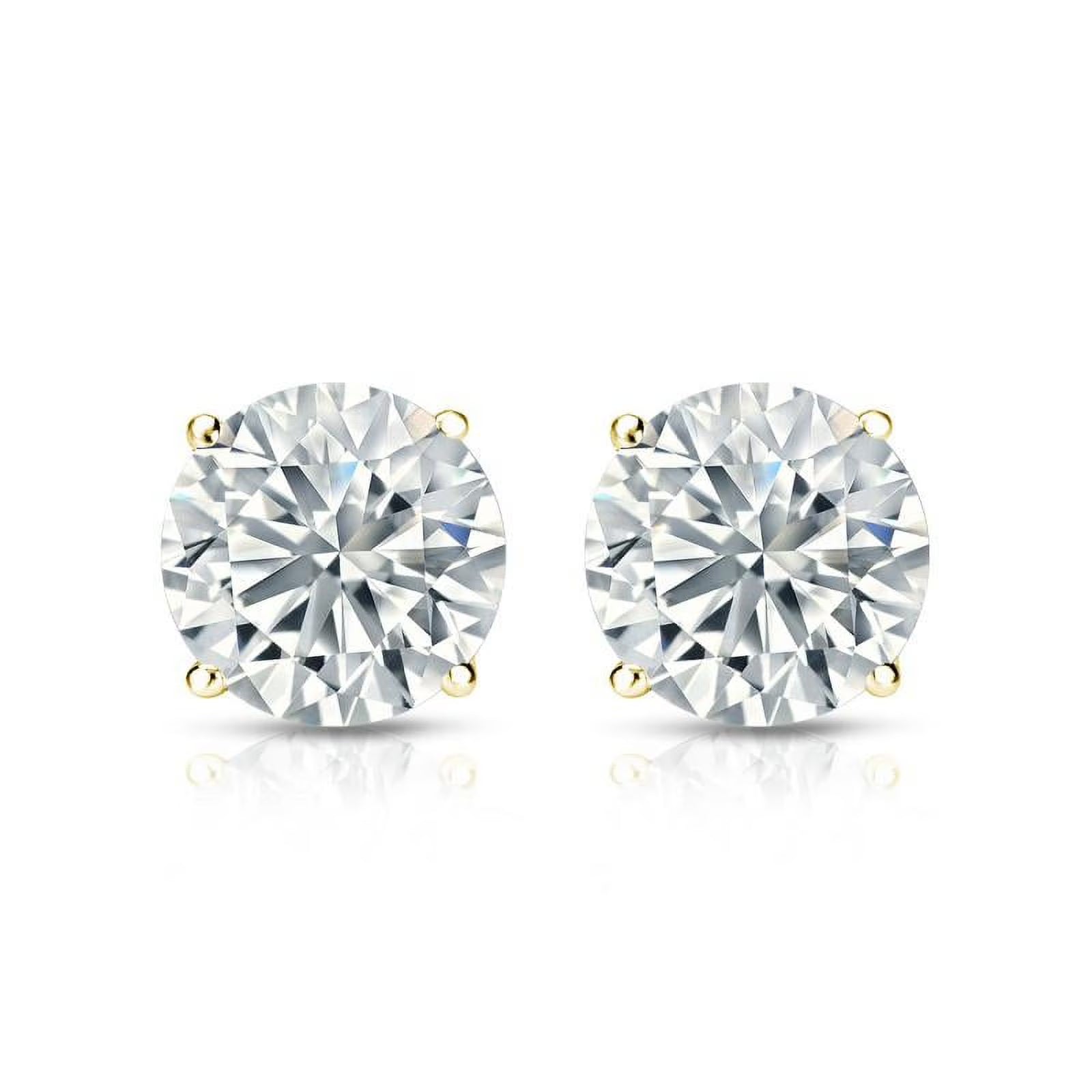 JeenMata 1 Carat Round Shaped Moissanite Solitaire Stud Earrings - 4 Prong - In 18K Yellow Gold Plating Over Silver
