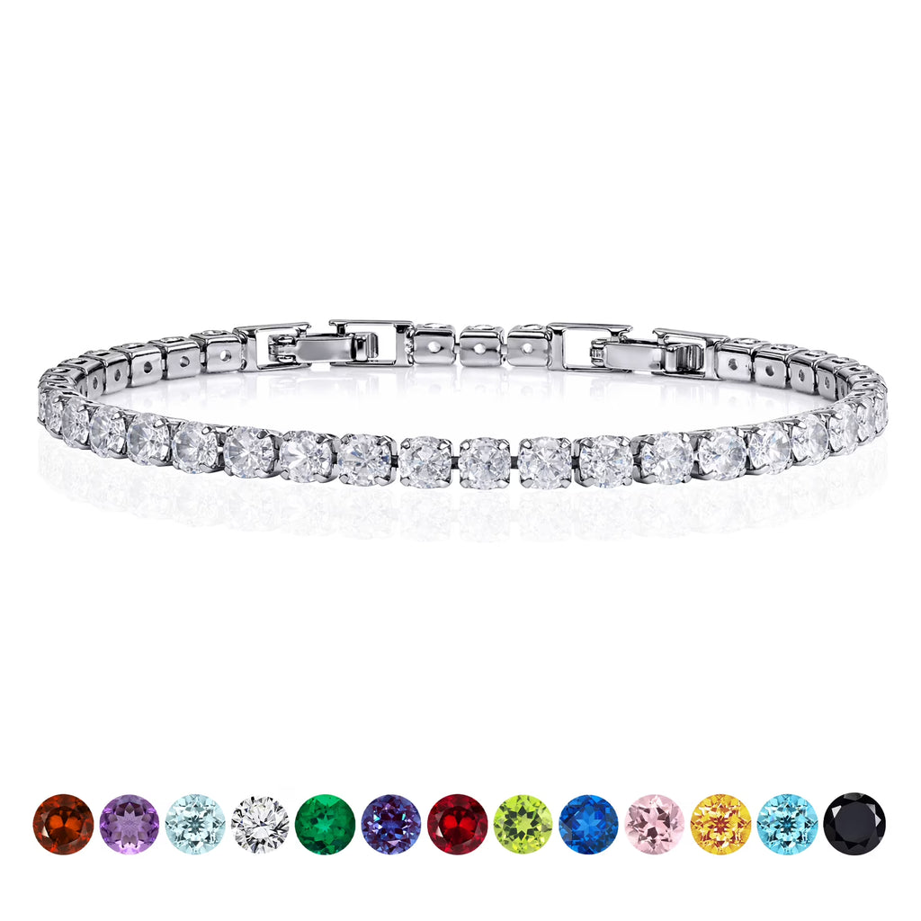 JeenMata 11 TCW April Cubic Zirconia - Round Cut Birthstone Tennis Bracelet for Women in Eternity Design - White Gold Plating, Female, Adult
