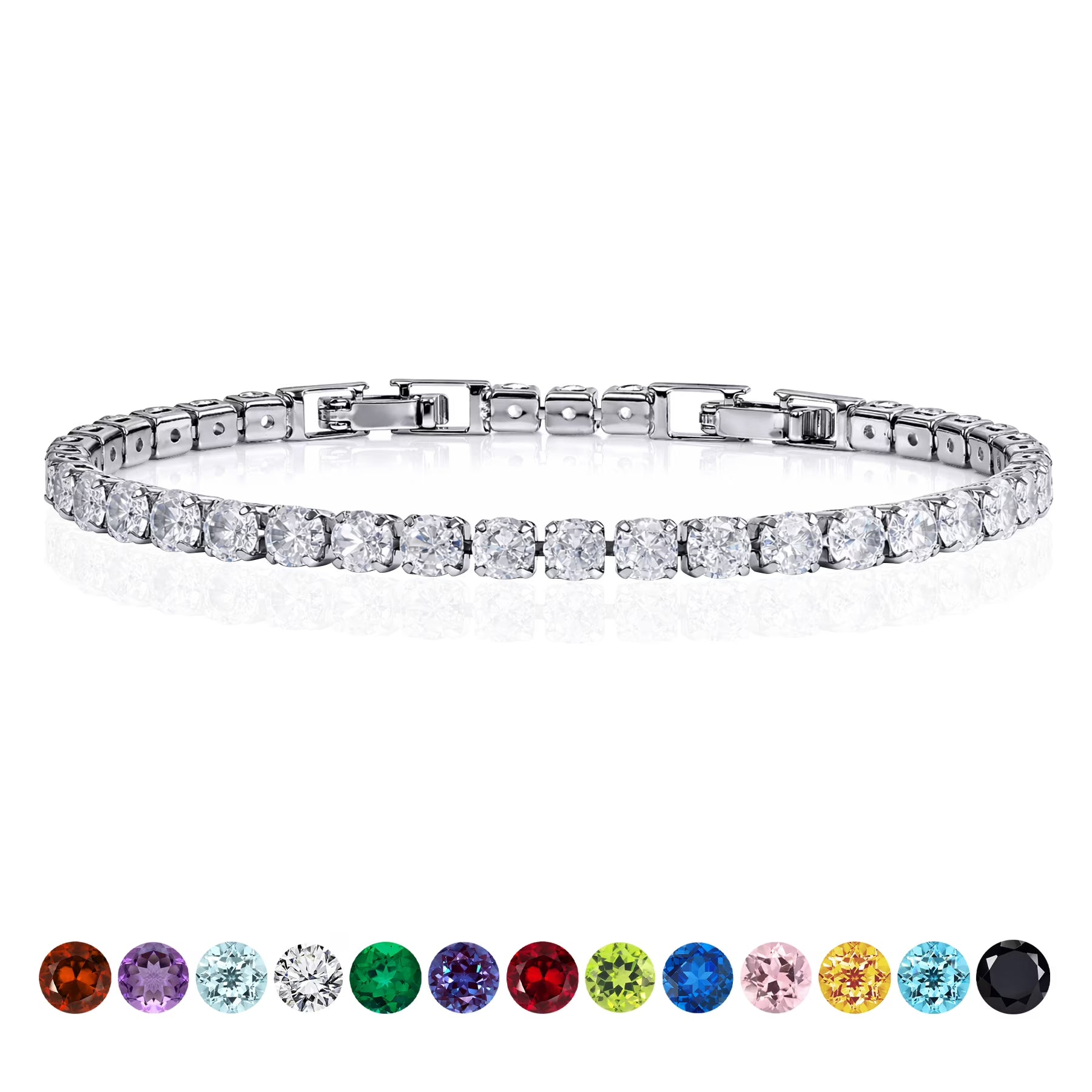 JeenMata 11 TCW April Cubic Zirconia - Round Cut Birthstone Tennis Bracelet for Women in Eternity Design - White Gold Plating, Female, Adult