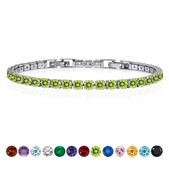 JeenMata 11 TCW August Peridot - Round Cut Birthstone Tennis Bracelet for Women in Eternity Design - White Gold Plating, Female, Adult