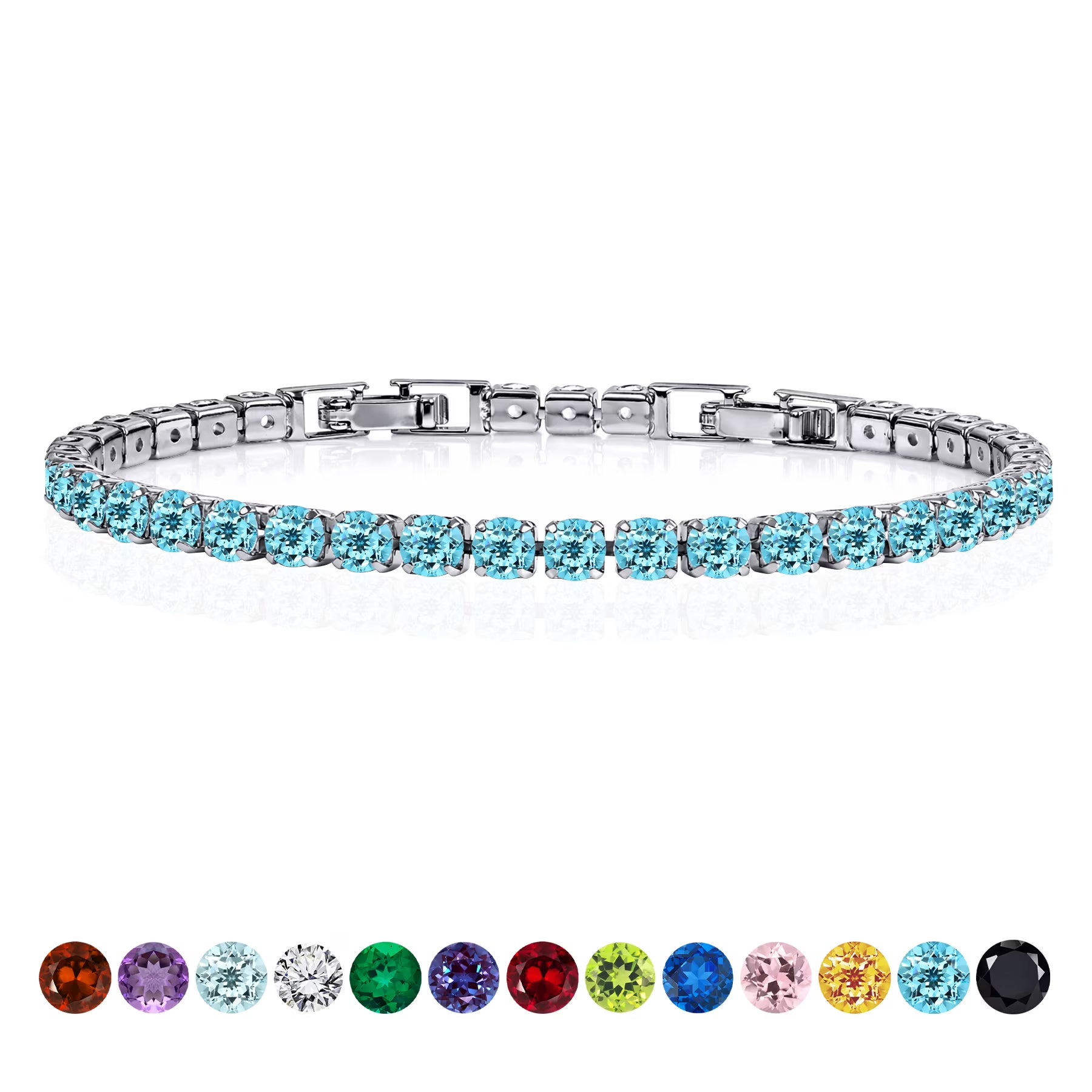 JeenMata 11 TCW December Blue Topaz - Round Cut Birthstone Tennis Bracelet for Women in Eternity Design - White Gold Plating, Female, Adult