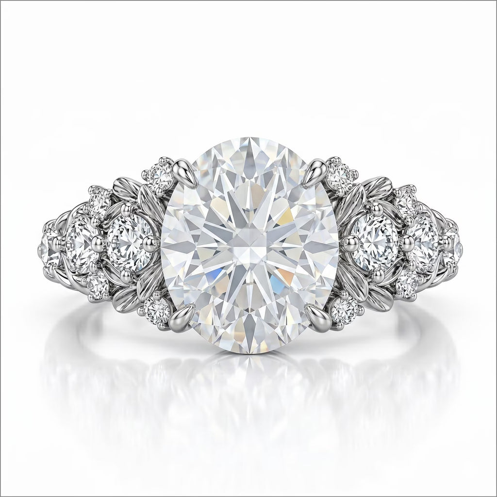 JeenMata 2.5 Carat Oval Cut Moissanite - Multi-Stone Engagement Ring in 18K White Gold Plating for Women