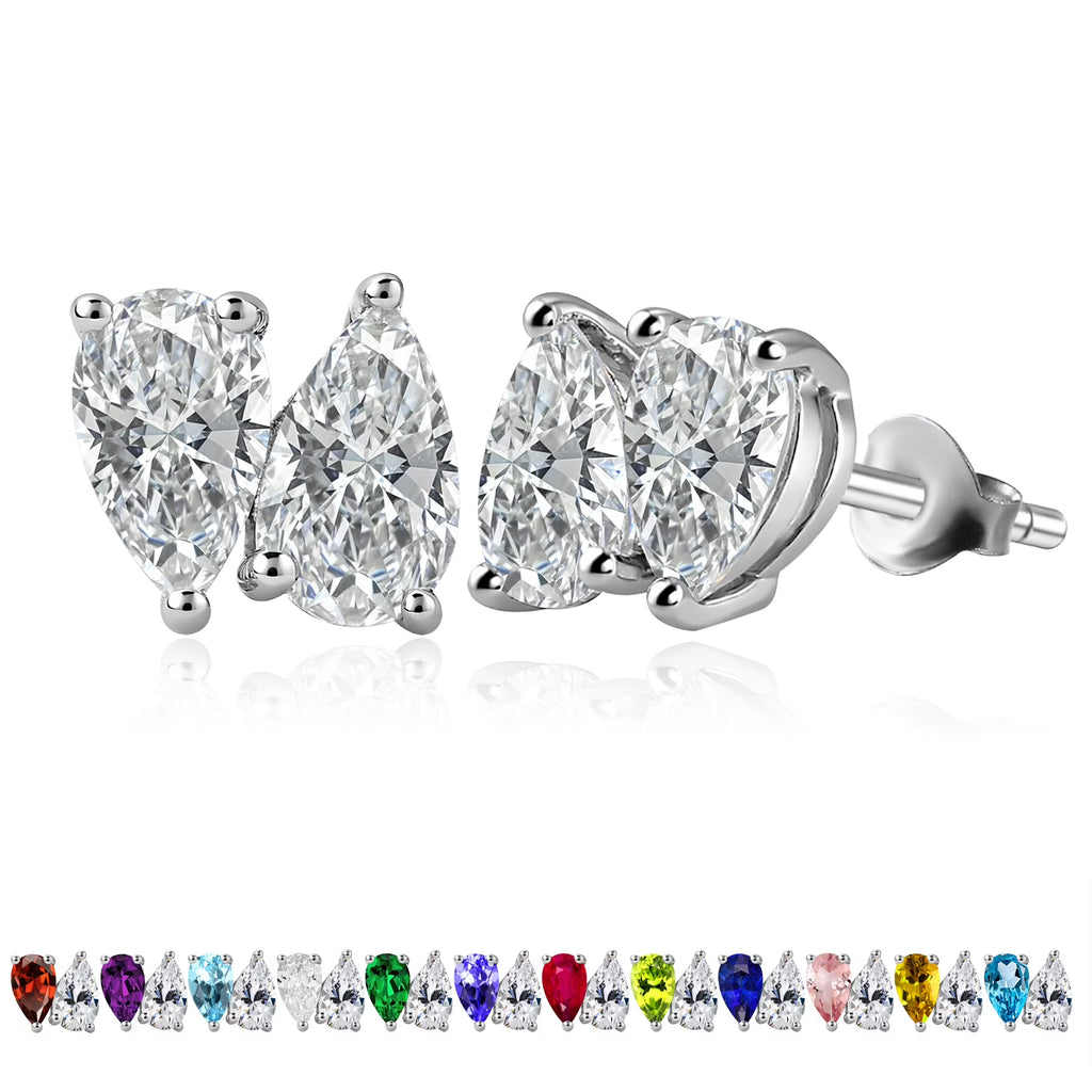 JeenMata 2.5 Carat Pear Cut April Birthstone Stud Earring - Cubic Zirconia Two Stone Earrings in 18K White Gold Plating Gift for Women
