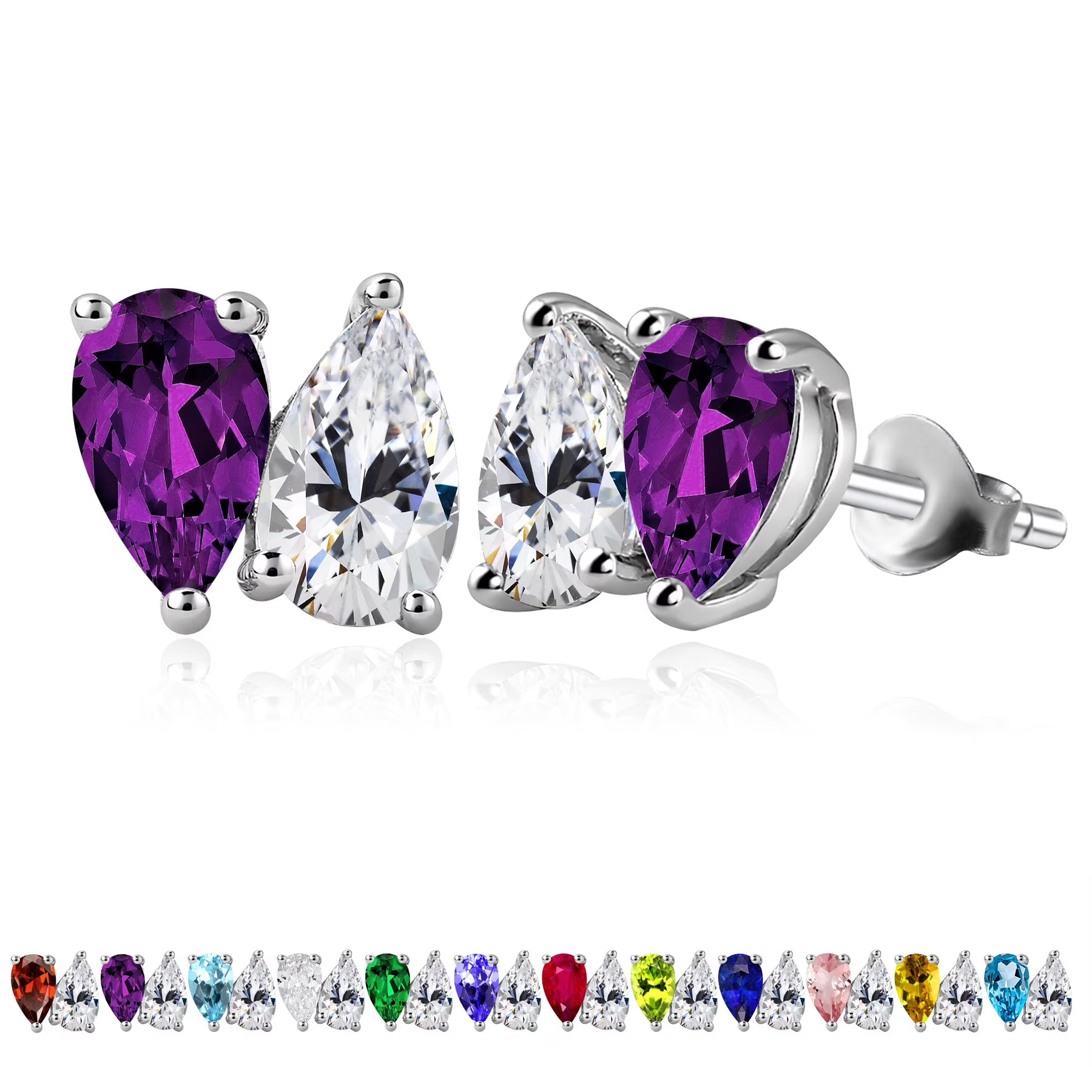 JeenMata 2.5 Carat Pear Cut February Birthstone Stud Earring - Amethyst & Cubic Zirconia Two Stone Earrings in 18K White Gold Plating Gift for Women