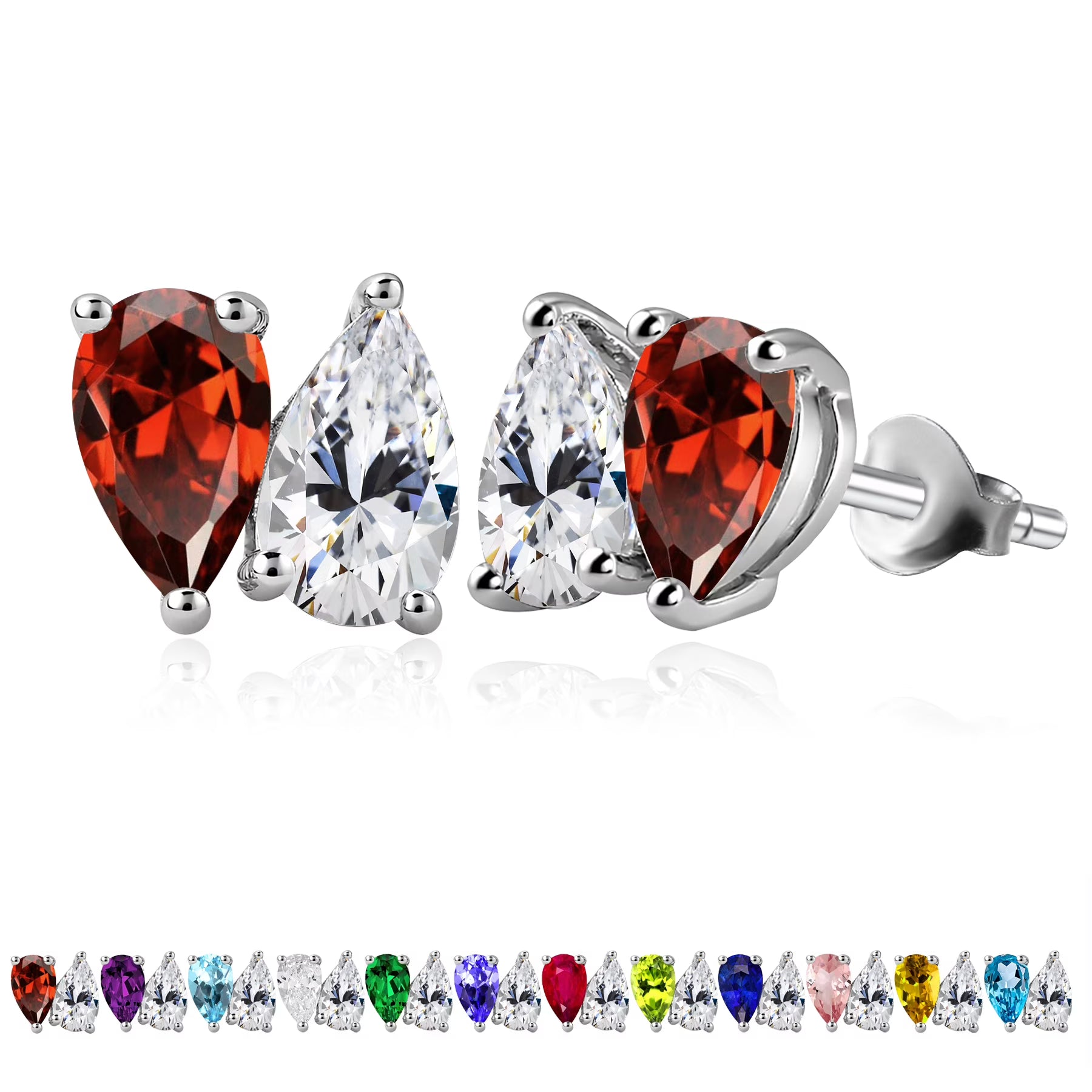 JeenMata 2.5 Carat Pear Cut January Birthstone Stud Earring - Garnet & Cubic Zirconia Two Stone Earrings in 18K White Gold Plating Gift for Women