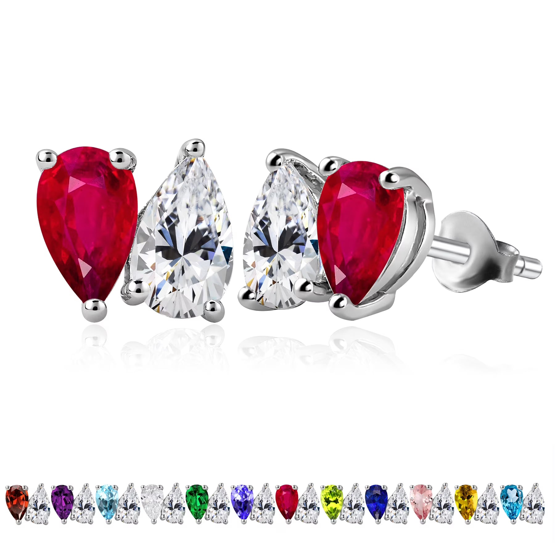 JeenMata 2.5 Carat Pear Cut July Birthstone Stud Earring - Ruby & Cubic Zirconia Two Stone Earrings in 18K White Gold Plating Gift for Women